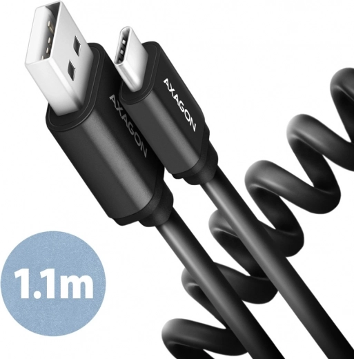 Axagon Twister USB‑C–USB‑A kábel 1,1 m, USB 2.0, 3 A, alumínium, fekete