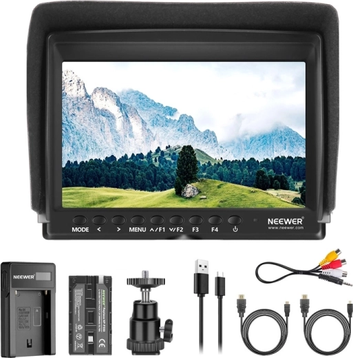 Neewer F100 hordozható monitor USB töltővel és NP-F550 akkumulátorral