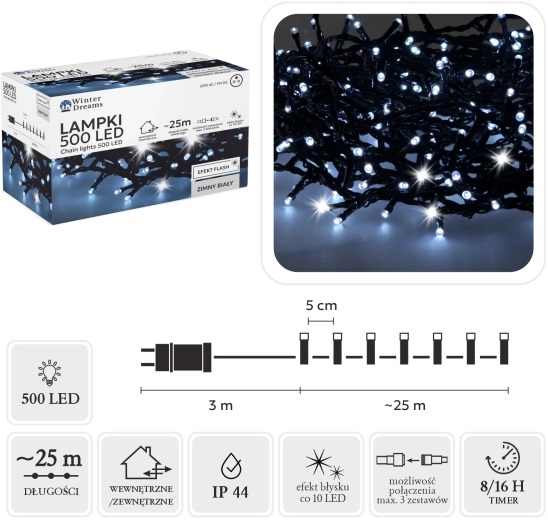LED fényfüzér 500 diódával, hideg fehér, villogó effekttel, 25 m