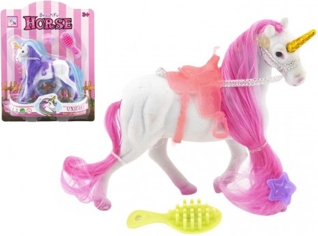 Unikornis fésülhető sörénnyel, nyereggel és kiegészítőkkel, 15 cm