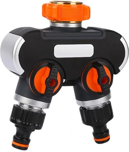 Kerti tömlő elosztó, dupla kimenettel és külön elzárókkal