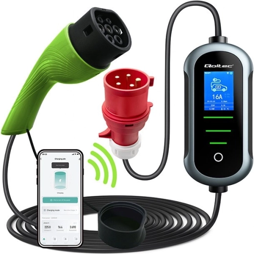 Hordozható EV töltő Type 2, 11 kW, Wi‑Fi, TUYA/SMART LIFE és LCD, 400 V, 5 m kábel