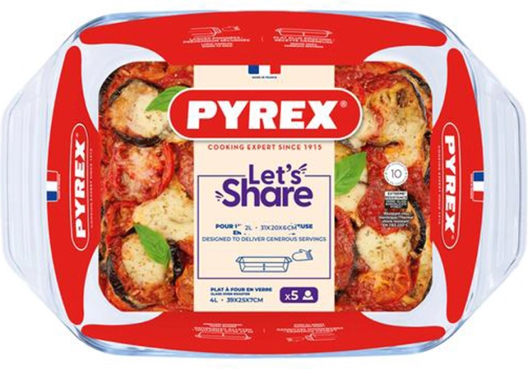 Pyrex üveg tepsi fülekkel 39 × 25 cm, 4 l, boroszilikát