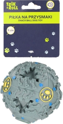 Interaktív kutyalabda hanggal és jutalomfalat-tartóval, 9 cm, szürke