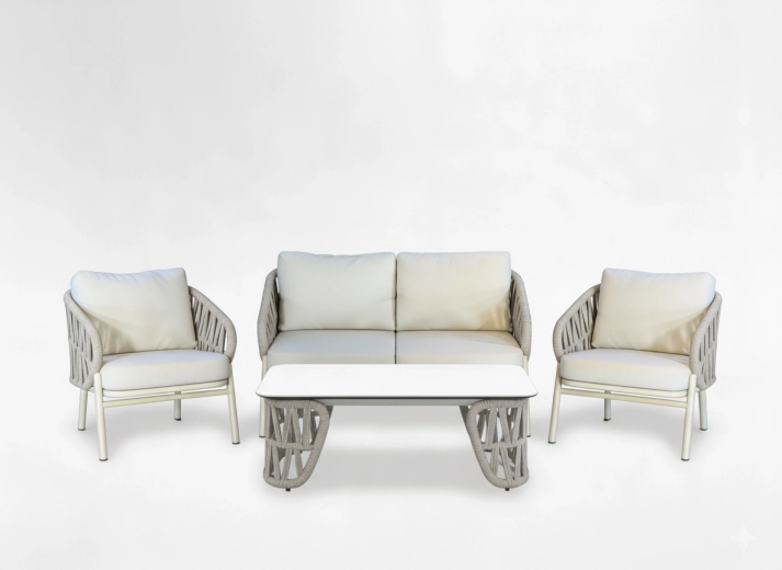 Kerti alumínium ülőgarnitúra 2+1+1 dohányzóasztallal, bézs