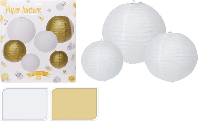 Papír parti lampionok fehér és arany, 6 db-os készlet (30/25/20 cm)
