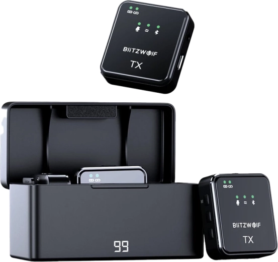 Vezeték nélküli mikrofon BLITZWOLF BW‑SX63 töltőtokkal (fekete)