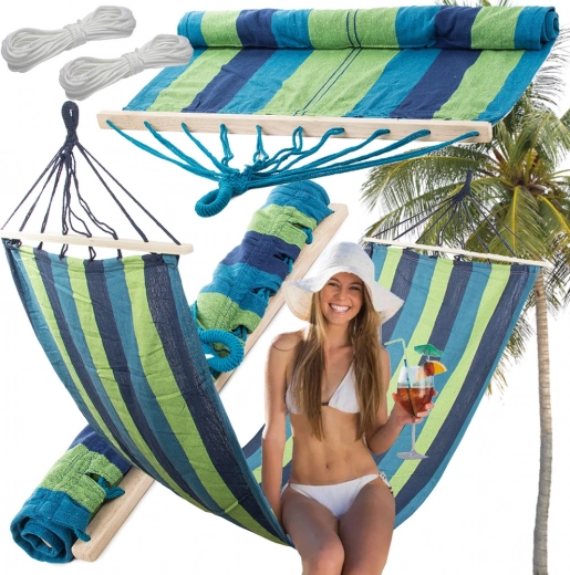 Kerti függőágy fa merevítéssel, csíkos, 200 × 80 cm