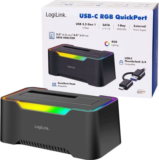 LogiLink USB‑C 3.2 Gen 1 dokkolóállomás 2,5"/3,5" SATA HDD/SSD meghajtókhoz RGB-vel
