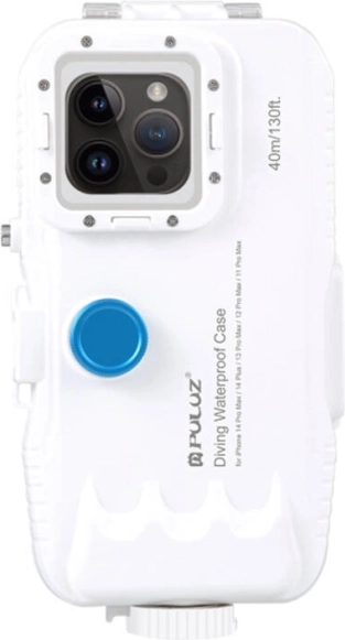 PULUZ vízálló műanyag tok iPhone 15 Plus, 15 Pro Max, 14 Plus, 14 Pro Max, 13 Pro Max, 12 Pro Max és 11 Pro Max készülékekhez – fehér