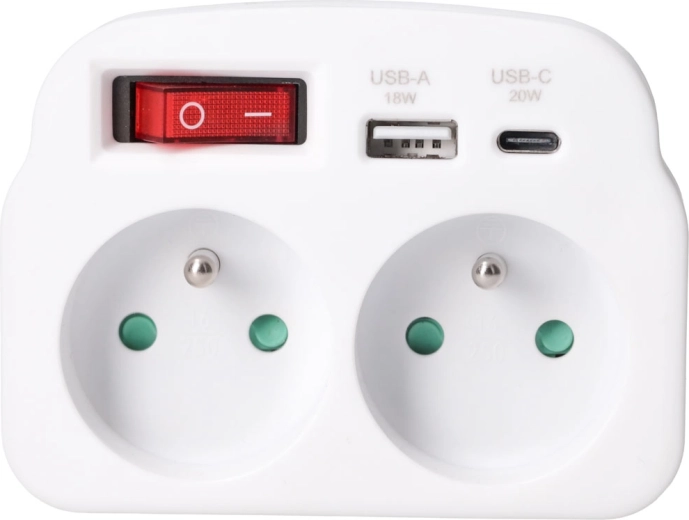 Solight csatlakozóaljzat-elosztó 2 aljzattal, USB-A és USB-C gyorstöltéssel, 20 W PD, fehér