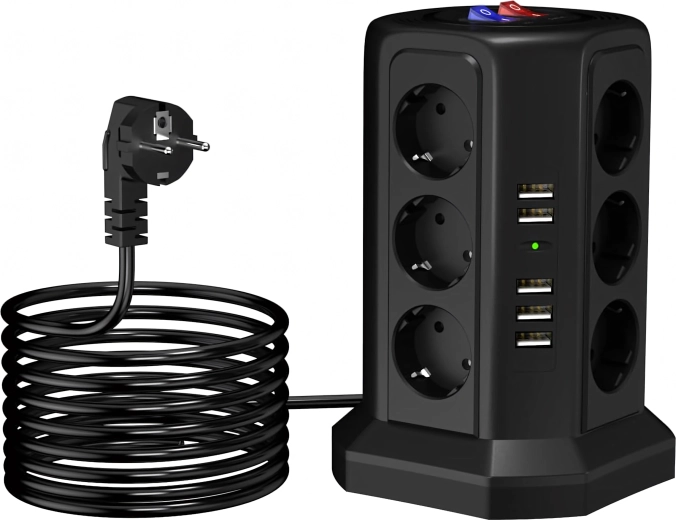 Álló túlfeszültség-védett hosszabbító elosztó 12 aljzattal + 5 USB-vel, reset gombbal