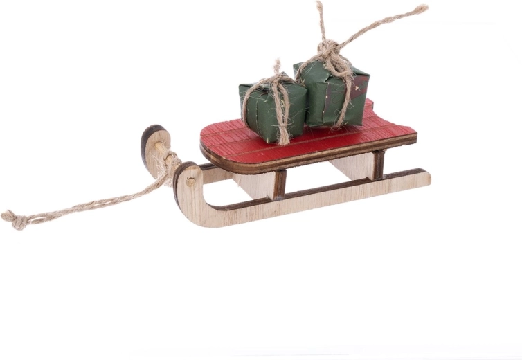 Dekoratív fa mini szán bézs–piros 11 cm