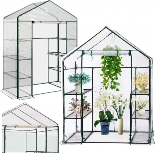 Mini kertészeti üvegház PVC fóliával és 4 polccal