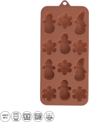 Szilikon csokoládéforma karácsonyi motívumokkal, 12 forma, barna – 1 db