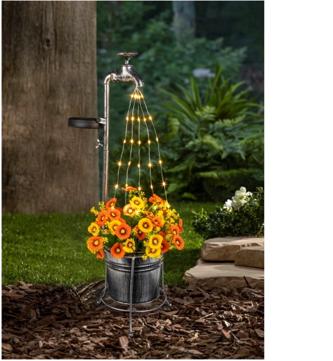 Napelemes kerti lámpa csappal és virágcseréppel, 30 meleg fehér LED, 60 cm