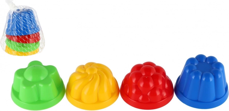 Műanyag homokozóformák – kerek homoksütik 8 cm, 4 darabos készlet hálóban
