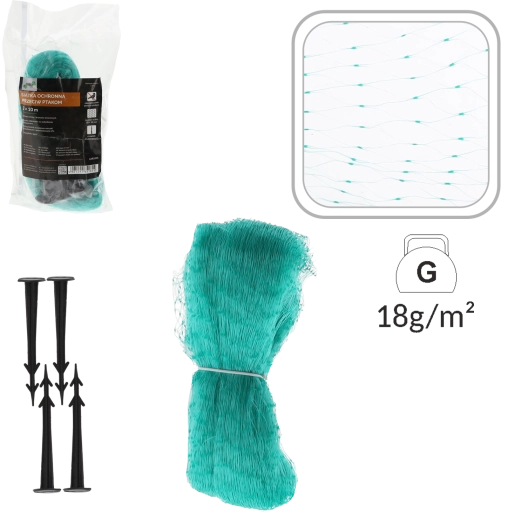 Madárháló 2 × 10 m, 5 g/m², zöld + 6 rögzítő kampó