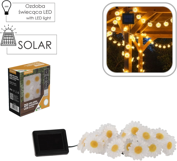 Napelemes kerti százszorszép girland 20 LED, meleg fehér, 2 + 3,8 m