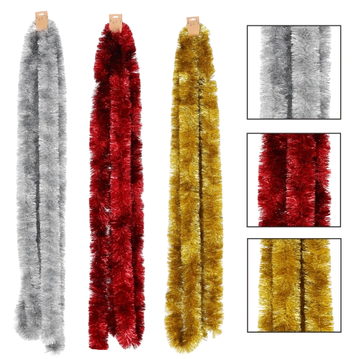 Karácsonyi dekoratív lánc 6 m piros, arany és ezüst színben