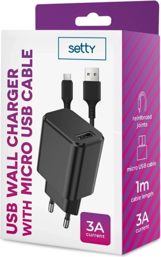 SETTY hálózati töltő 1× USB 3A fekete + microUSB kábel 1 m