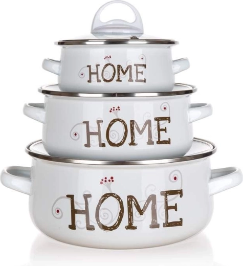 BANQUET Home zománcozott lábas szett, 6 db, fehér, üveg fedőkkel