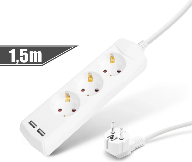 Hosszabbító kábel 3 aljzattal és 2 USB-porttal, 1,5 m