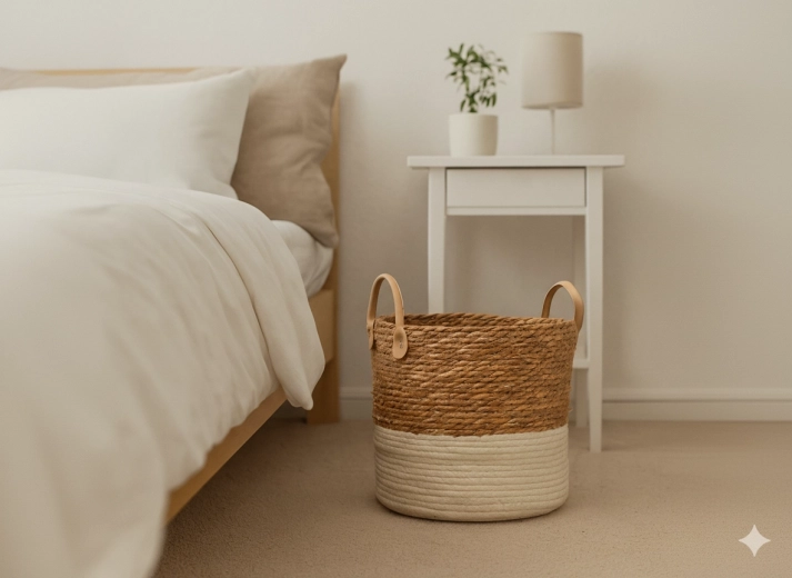 Fonott tárolókosár tengeri fűből bojtokkal, 28 × 26 cm