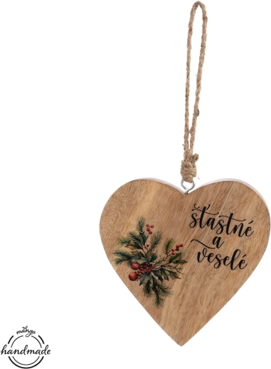 Mango fából készült függődísz szív „Boldog és vidám” felirattal – 1 db