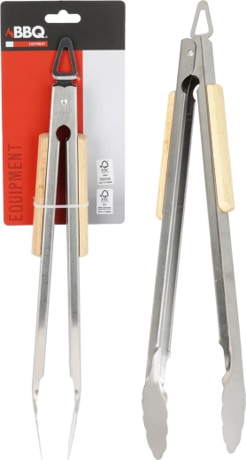 Rozsdamentes acél grillsütő csipesz fa nyéllel, 37,5 cm
