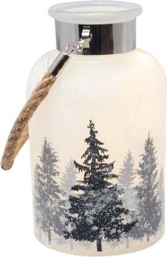 Karácsonyi dekoratív üveg 10 LED-del, 18 cm, fenyőfa motívummal