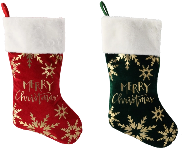 Karácsonyi ajándékzokni 50 cm piros/zöld, fenyőmintával és Merry Christmas felirattal