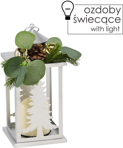 Karácsonyi fém lampion fenyőfákkal és LED gyertyával, ezüst