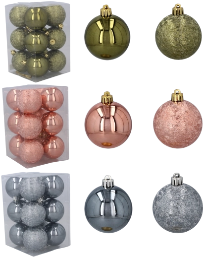 6 cm-es műanyag karácsonyi díszgömb készlet – olíva, réz és grafit, 12 db