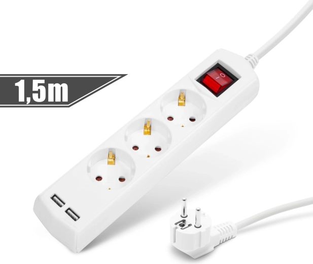 Hosszabbító kábel 3 aljzattal, 2 USB-porttal és kapcsolóval, 1,5 m