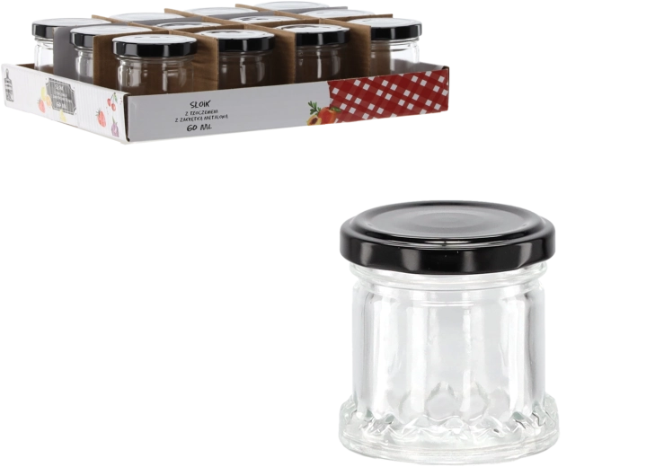 60 ml-es üvegdoboz domborított mintával és fekete fém tetővel