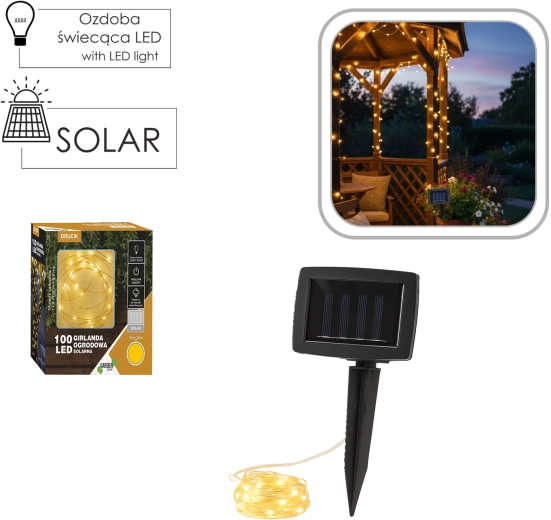 Napelemes LED fényfüzér 100 melegfehér LED, 11,9 m, IP44