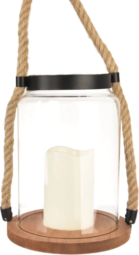 Barna üveg-fa LED gyertyatartó (lámpás) 23 cm