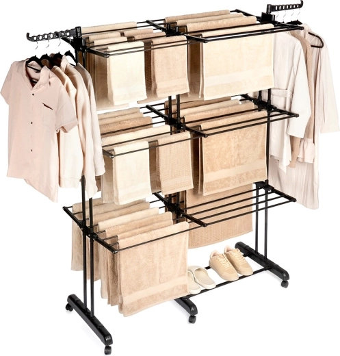 Fém összecsukható XXL ruhaszárító, fekete, 3 szint, teleszkópos 75–135 × 66 × 180 cm