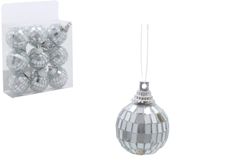 Ezüst diszkógömbök karácsonyfadísz készlet 3 cm – 9 db
