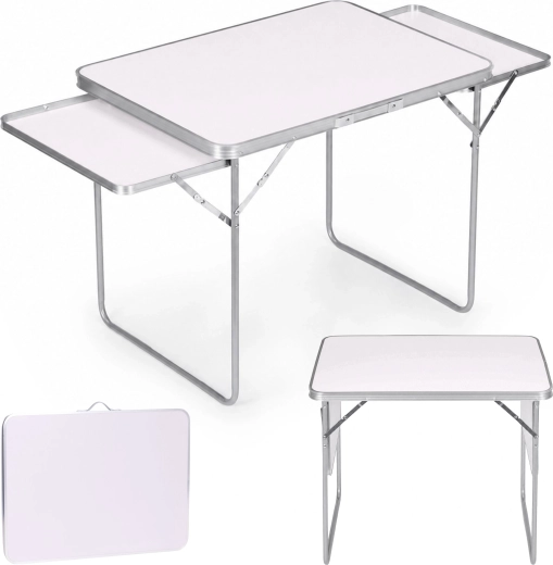 Multigarden összecsukható kempingasztal 120 × 60 cm, 2 oldalsó polccal, fehér