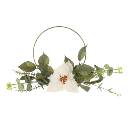 Karácsonyi kör dekoráció mű mikulásvirággal, 45 cm – fehér