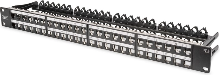 Moduláris patch panel Digitus nagy sűrűségű, 19" 48x Keystone, árnyékolt, 1U, fekete