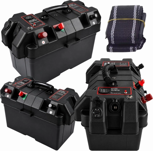 Hordozható doboz 12 V-os akkumulátorhoz voltmérővel és 2× USB-vel