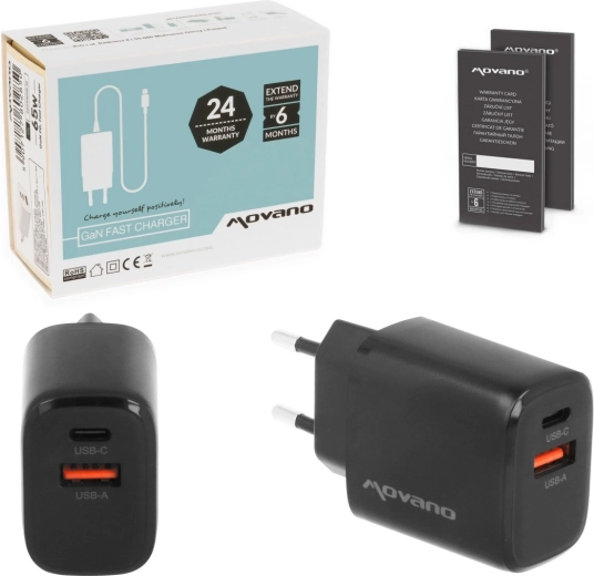 Movano GaN 30 W hálózati töltő (USB‑C PD + USB‑A), fekete