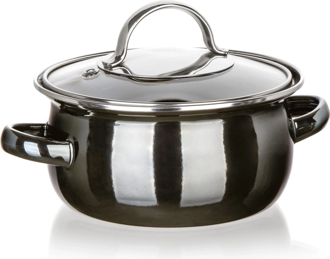 Zománcozott lábas üvegfedővel 14 cm, 0,7 l, Metallic Black