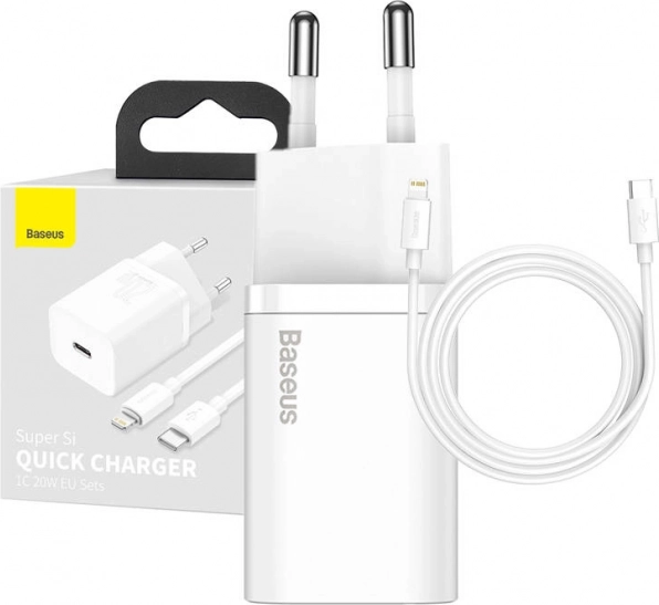 BASEUS Super Si 20W hálózati töltő 1× USB‑C + USB‑C–Lightning kábel 1 m (fehér)