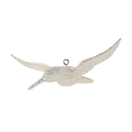 Üveg karácsonyi dísz, fehér kolibri, fényes, 8 × 13 cm, 6 darabos készlet