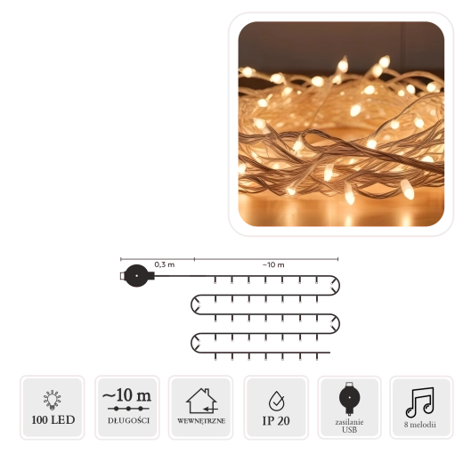 LED fényfüzér dallammal USB, 100 fény, multicolor, 10 m