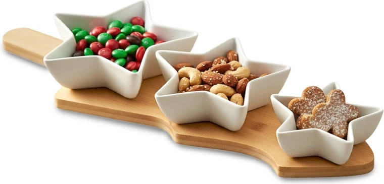 Porcelán falatkás tálkák bambusz tálcán, 4 részes szett